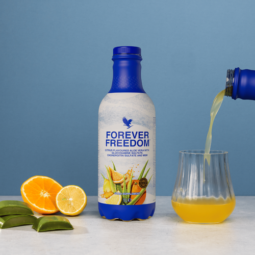 Forever Freedom dietary supplement with aloe vera, MSM, and glucosamine to improve joint flexibility, reduce discomfort, and promote joint health.