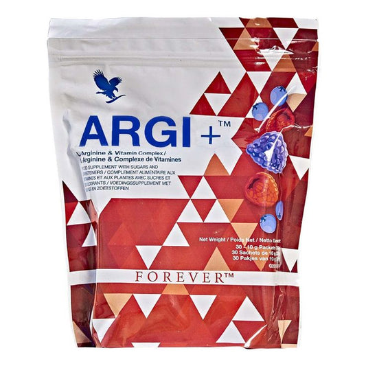 Forever Argi+ dietary supplement with L-arginine to enhance nitric oxide, improve circulation, support heart health, and boost stamina.